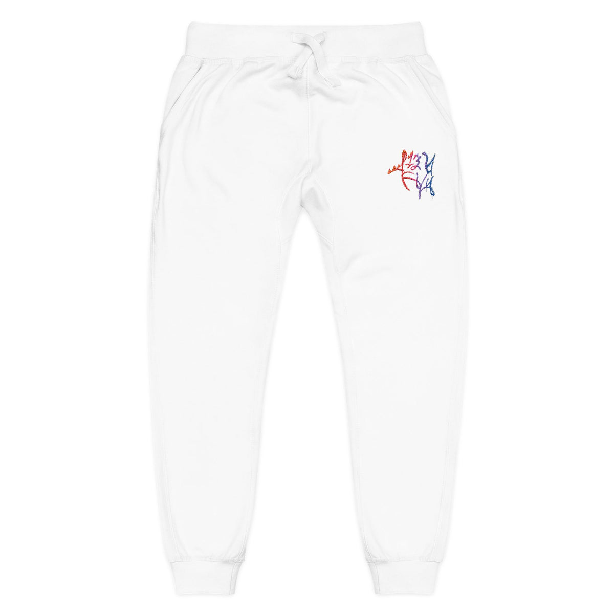 Embroidered Running Dog Fleece Sweatpants — Cozy White Joggers with Colorful Line Art