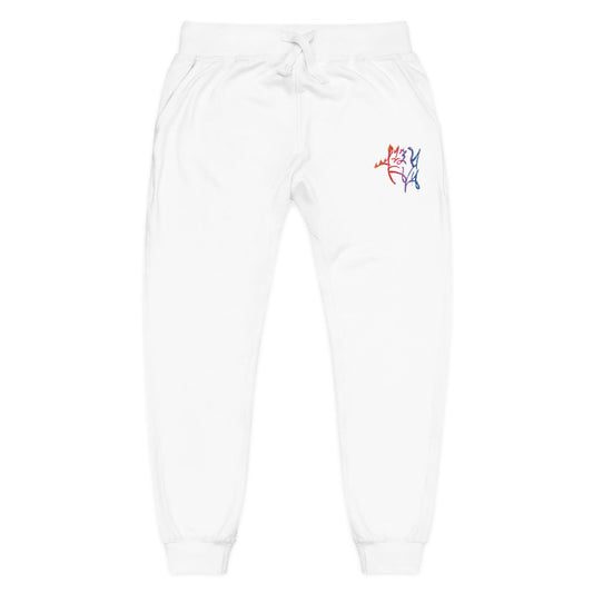 Embroidered Running Dog Fleece Sweatpants — Cozy White Joggers with Colorful Line Art